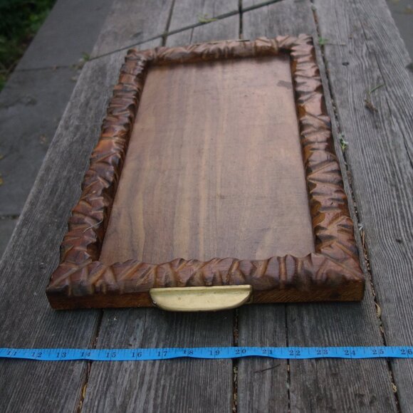 Nice Wood Serving Tray with Metal Handles and Carved Border - Picture 8 of 12
